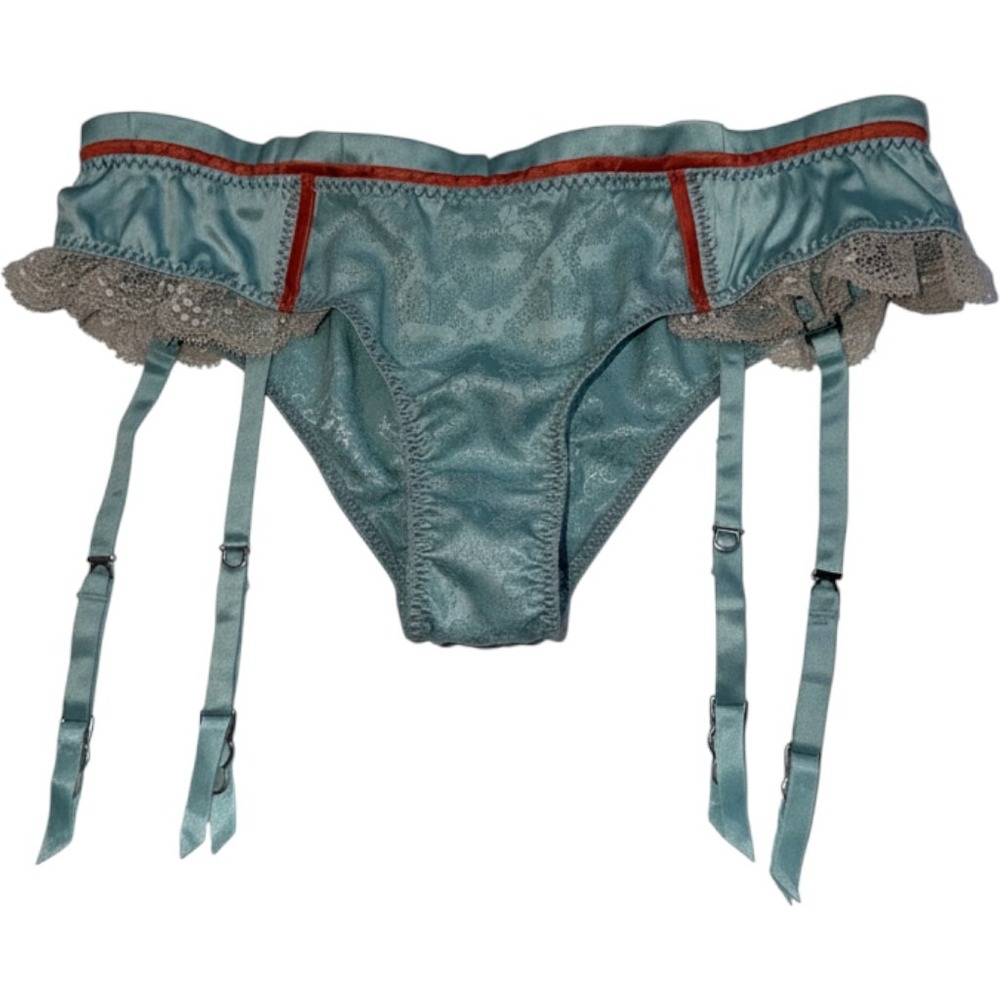 Victorias Secret Blue Damask Garter Panty Lace Trim 10817199 Small